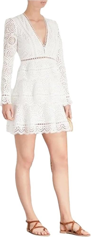 Women's Wedding Guest Dress Spring Lace V-Neck Bohemian Gown Hollow Long Sleeve Sexy White Party Dress(Short_Large)