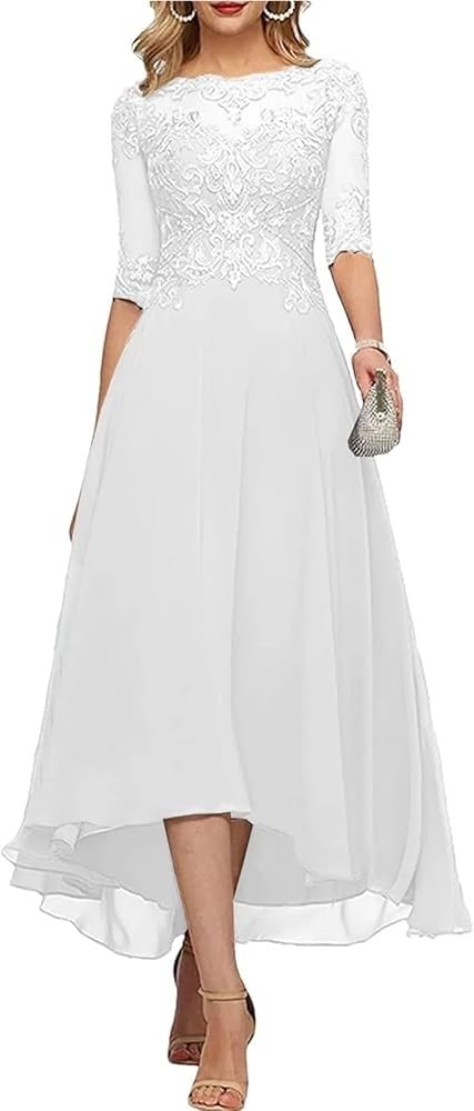 Backless Chiffon Wedding Dresses for Women High Low Tea Length Beaded Lace Formal Evening Gowns