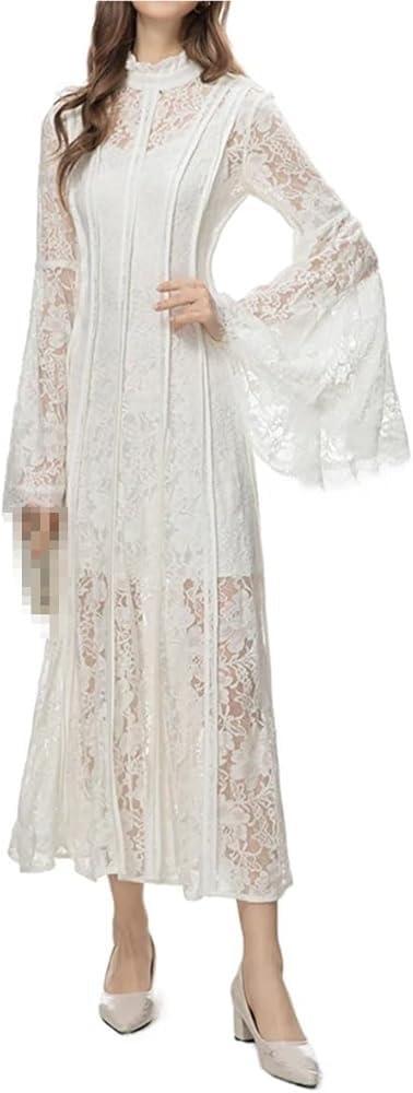Women's Vintage Striped Hollow Lace Long Sleeve Dress Suspender Inner Slim Fit Maxi Dresses