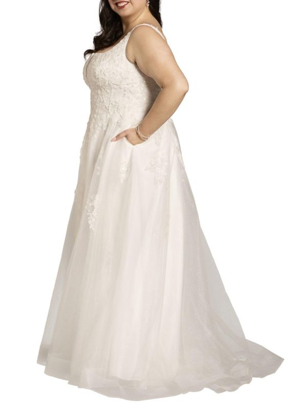 Square Neck Tulle and Lace Ball Gown Wedding Dress