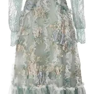 Women Vintage Lantern Sleeve Lace Maxi Dresses Sequin Mesh Ruffle Patchwork Party Dress