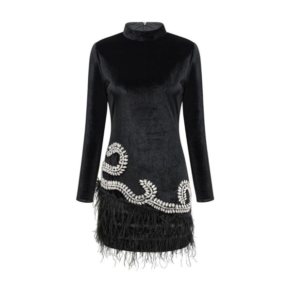 Blacks Long-sleeveds Skirts with Diamonds Highs Waist Thin and Hip Dinner Dress