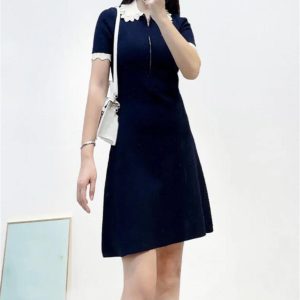 Women's 2025 Knit Lace Collar Dress - Short Sleeve Color Block