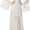 Women's Vintage Striped Hollow Lace Long Sleeve Dress Suspender Inner Slim Fit Maxi Dresses