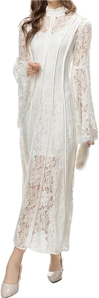 Women's Vintage Striped Hollow Lace Long Sleeve Dress Suspender Inner Slim Fit Maxi Dresses