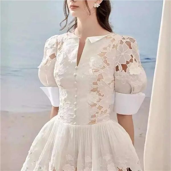 Women??s Dress V-Neck Puff Half Sleeve Summer Ball Gown Casual Solid Floral Lace Slim Fit Dresses