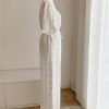 Women's Embroidered Cotton Set - White Hollow Out Shirt & Elastic Waist Pants