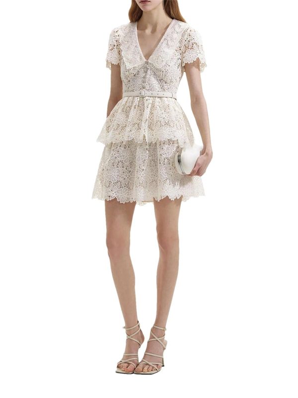 Women's Slimming Embroidery Dress - V-Neck Short Sleeve High Waist Belted Spring Dress