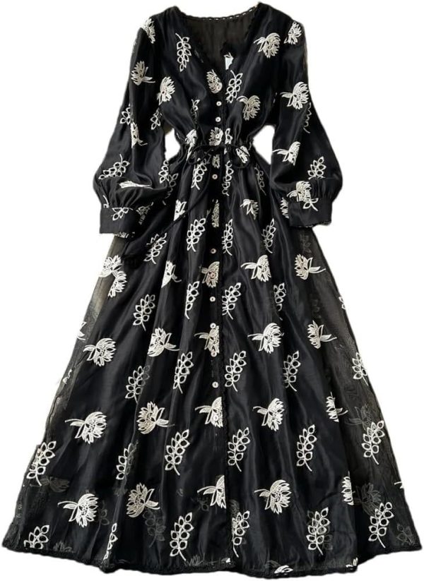 Elegant Vintage Lace Maxi Dresses for Women V Neck Embroidery Loose Fit Beach Holiday Dress with Sash