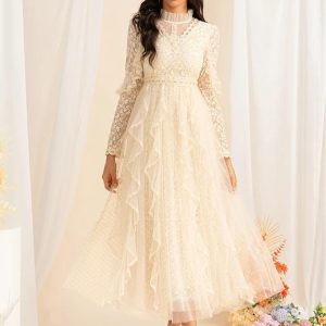 Vintage Inspired Long Sleeve Dress Women's Elegant Stand Collar Lace Long Skirt Gold Polka Dot Casual Flowing Long Gown