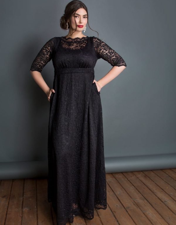 Women??s Plus Size Leona Lace Gown, Maxi Dress Formal Evening Ball Gown with Side Pockets for Wedding Guest