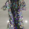 Female Long Sequins Coats Loose Long Sleeve Gold Red Green Pink Silver Casual Jackets Prom Party Singer Dancer One Size